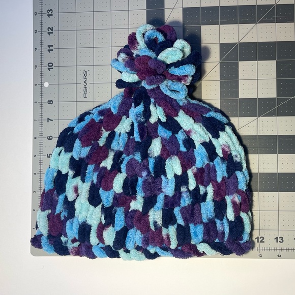 Handmade Women’s/Junior’s Winter Hat With Loopy Pom-Pom - Purple & Blue - Picture 8 of 9